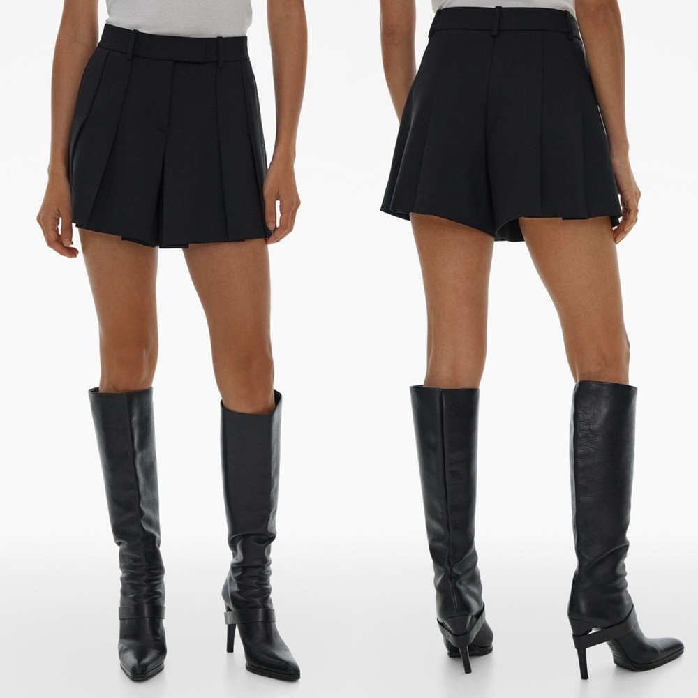 Helmut Lang SIZE 6 Pleated Stretch Wool Skirt Skort in Basalt Black